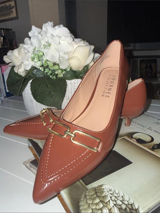 Journee Collection Shoes - Journee Collection Rust Brown Pointed Toe Kitten Heel Loafer with Gold Buckle